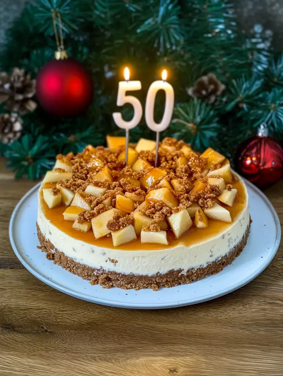 Käsekuchen mit Apfelstückchen und Karamell, Kerze mit „50“, vor Deko mit Tannenzweigen und Weihnachtslichtern.