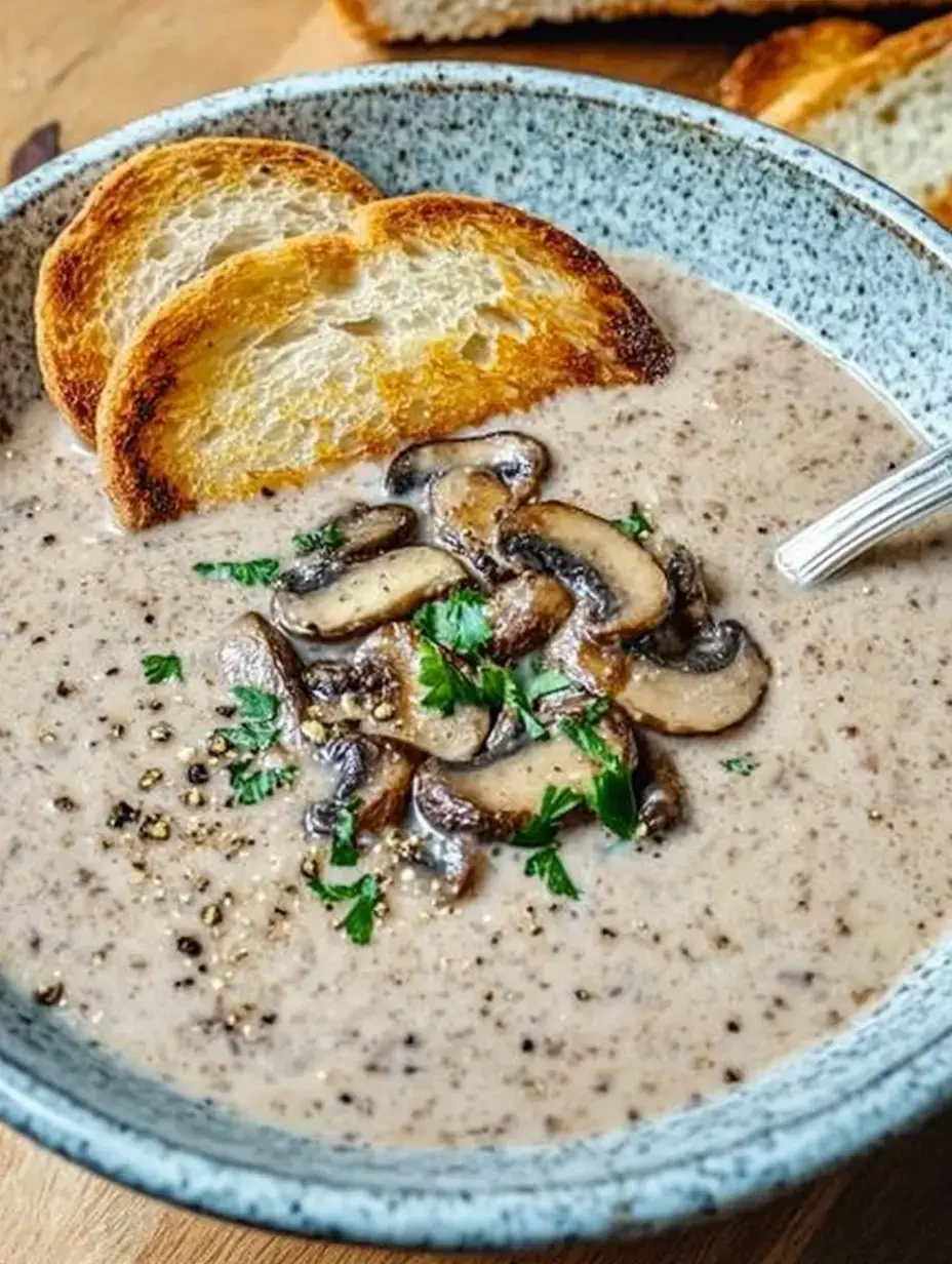 Cremige Pilzsuppe in einer Schale, getoppt mit gebratenen Pilzen und frischer Petersilie, daneben zwei Scheiben geröstetes Brot.