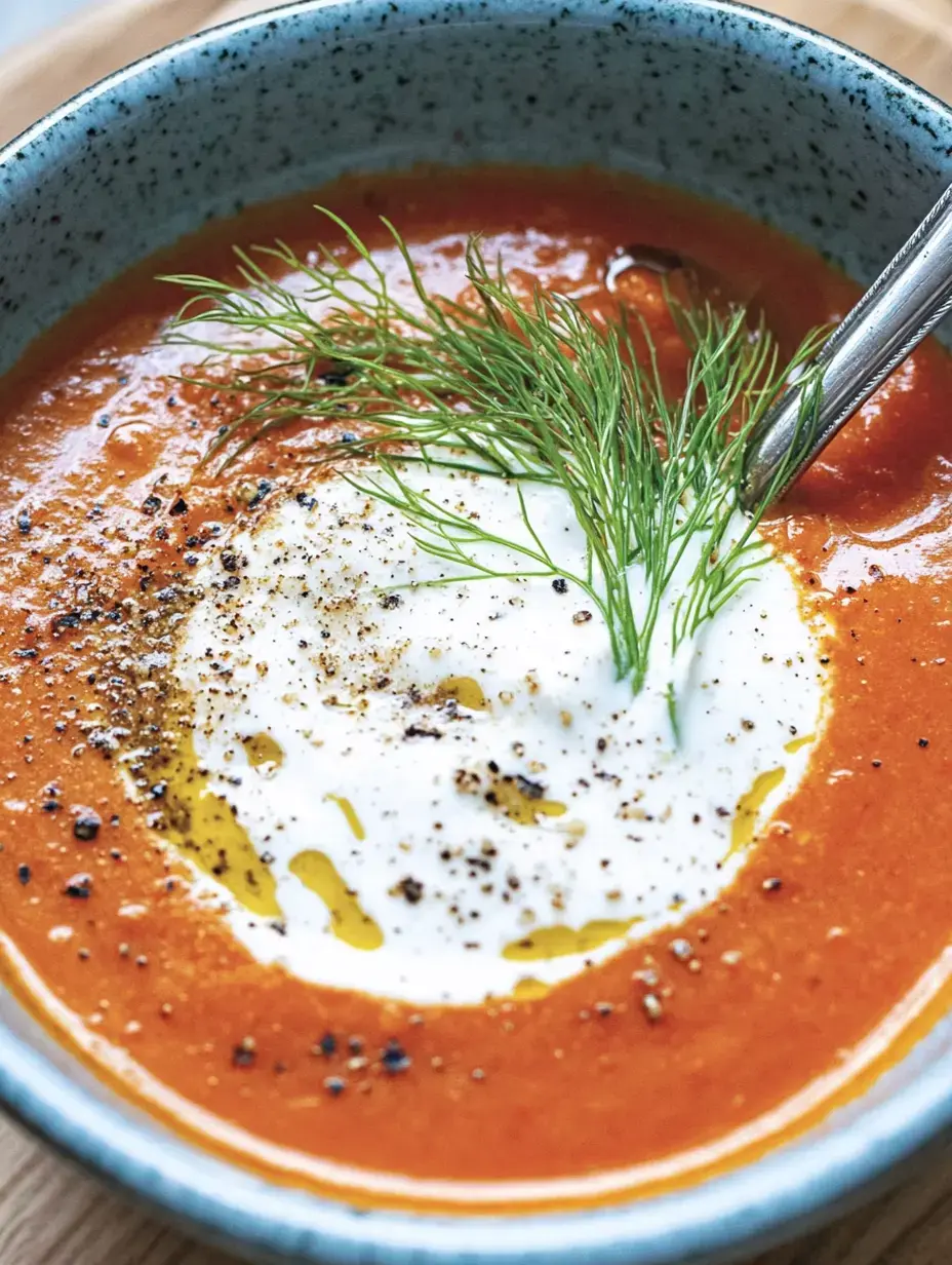 Eine Schüssel mit Tomatensuppe, garniert mit einem Klecks Sahne, Olivenöl und frischen Dillzweigen.