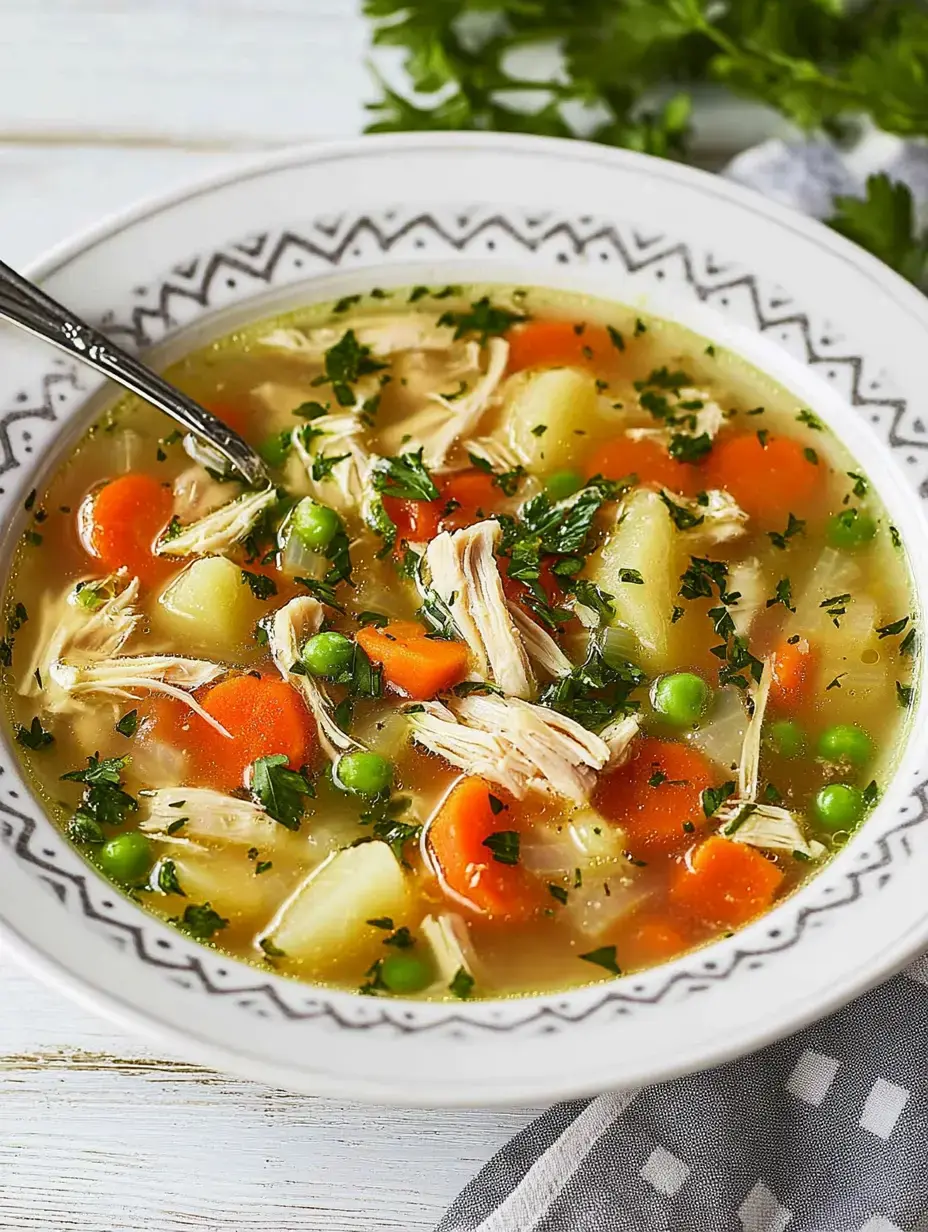 Eine dampfende Schale Hühnersuppe gefüllt mit Gemüsestücken wie Möhren, grünen Erbsen und Kartoffelwürfeln, garniert mit gehackter Petersilie.