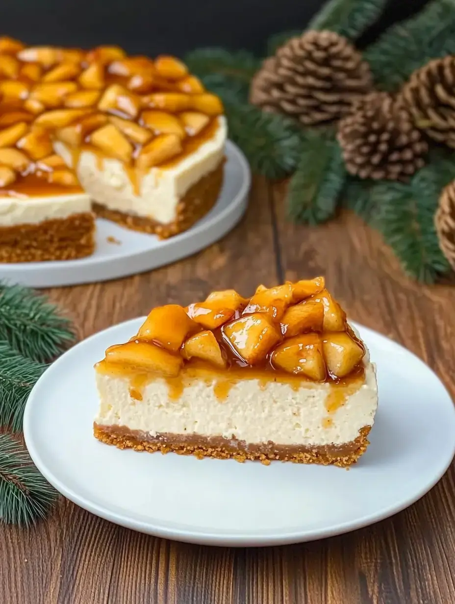 Ein Stück Käsekuchen mit süßen Apfelscheiben und Keksboden auf weißem Teller.