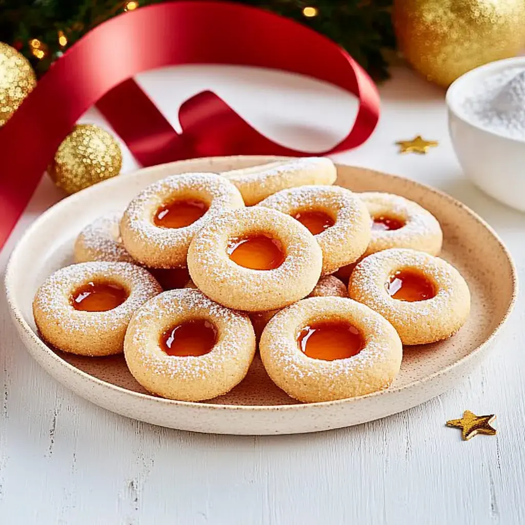 Ein Teller mit Butterplätzchen, die ein Loch mit Marmelade in der Mitte haben und mit Puderzucker bestäubt sind, dekoriert mit Weihnachtskram.