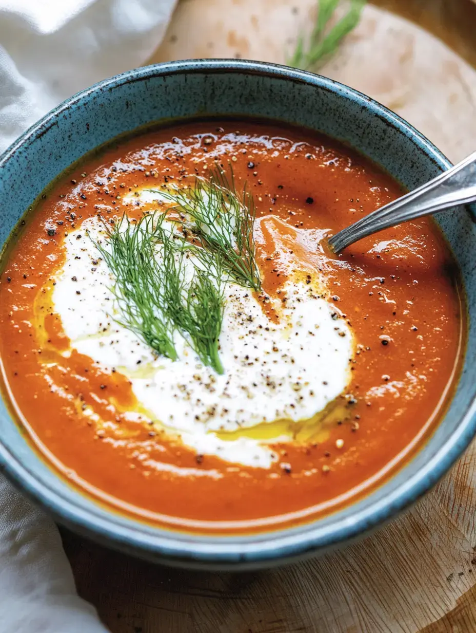Eine Schüssel mit cremiger Tomatensuppe, garniert mit einem Klecks Sahne, Dill und Pfeffer.