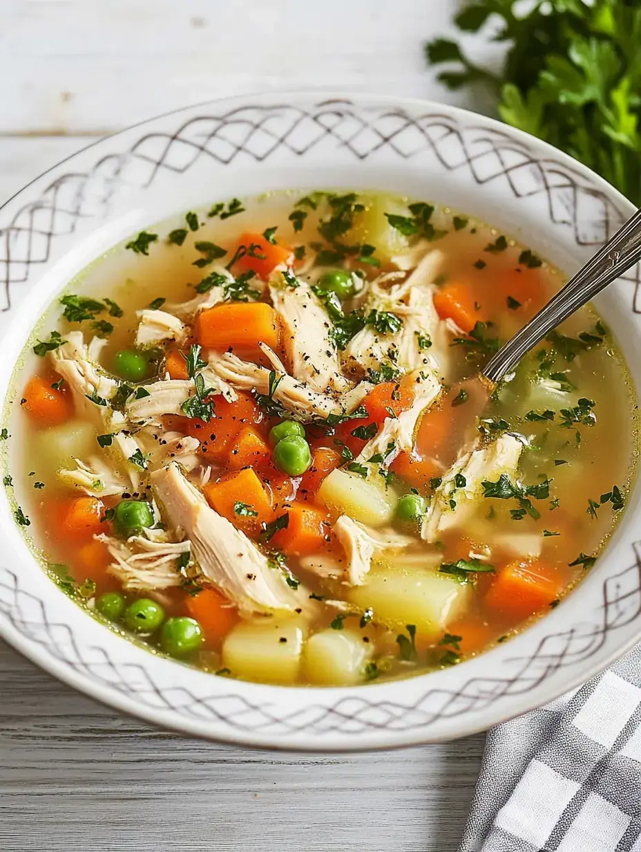 Eine dampfende Suppe voll mit Hühnerstücken, buntem Gemüse wie Karotten und Erbsen, dekoriert mit frischen Kräutern von oben fotografiert.