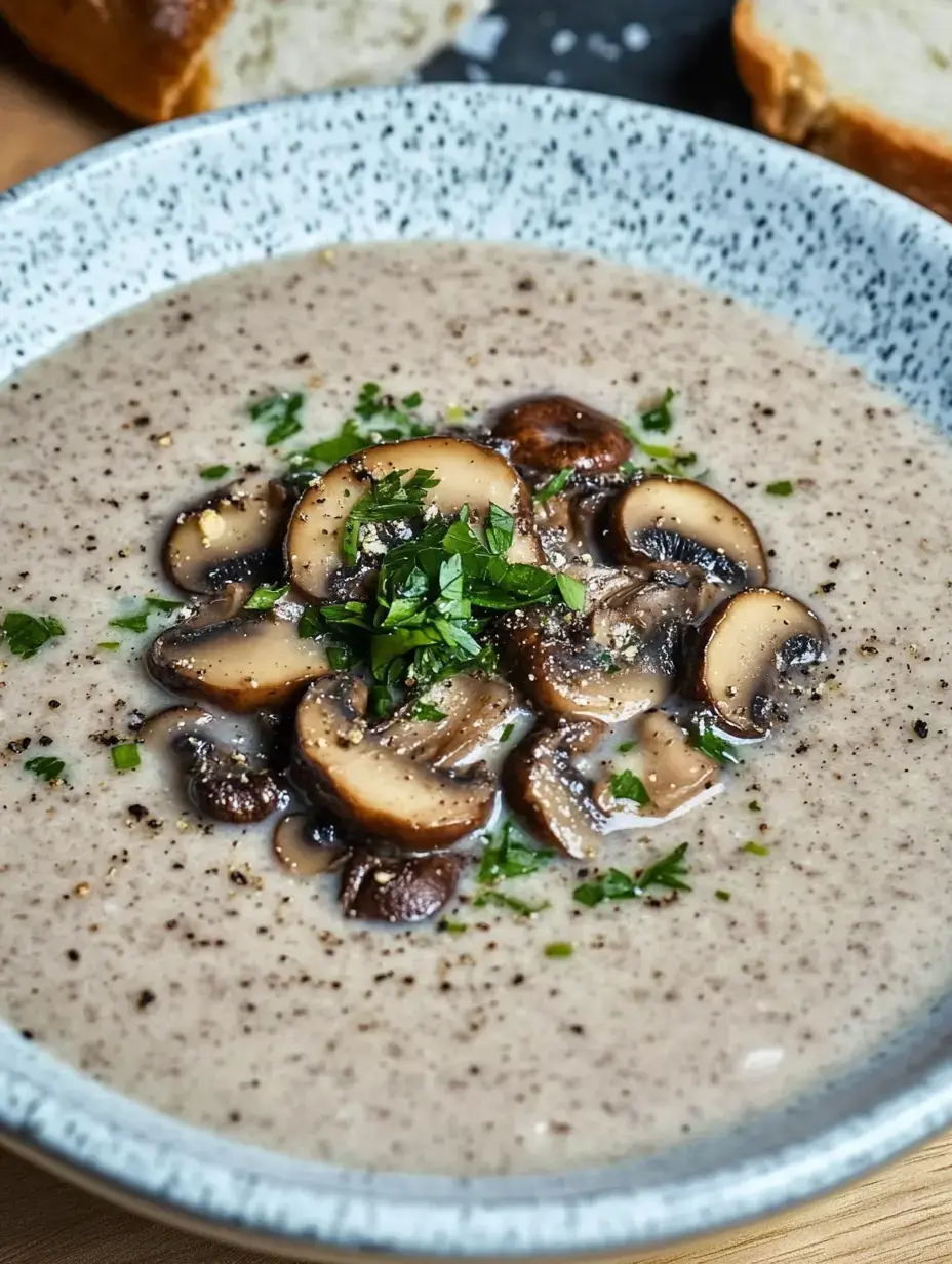 Eine Schale cremige Champignon-Suppe, getoppt mit frischen Kräutern und gebratenen Pilzen, im Hintergrund eine Brotscheibe.