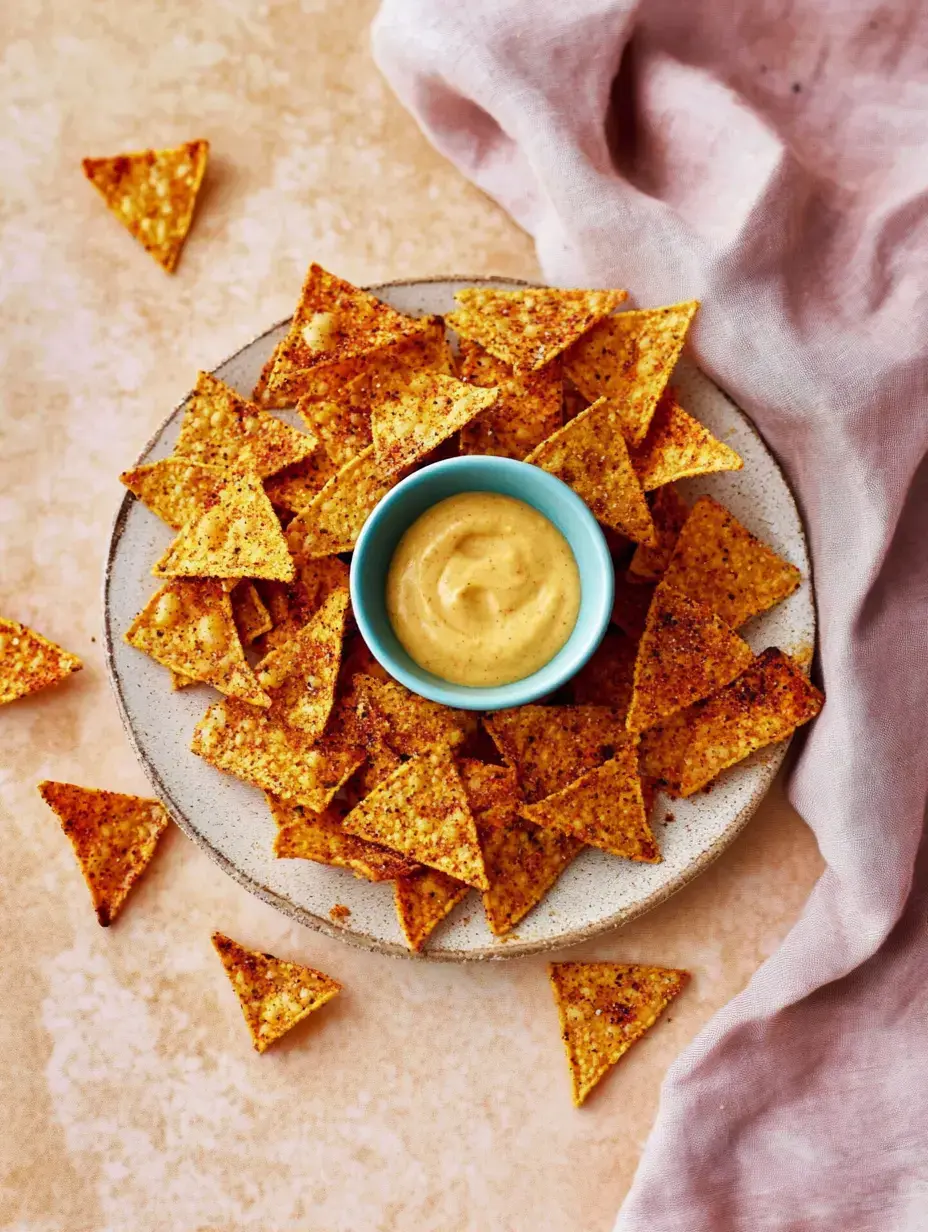 Großer Teller Chips mit Gewürzen drum und einer kleinen Schale cremigem Dip in der Mitte.