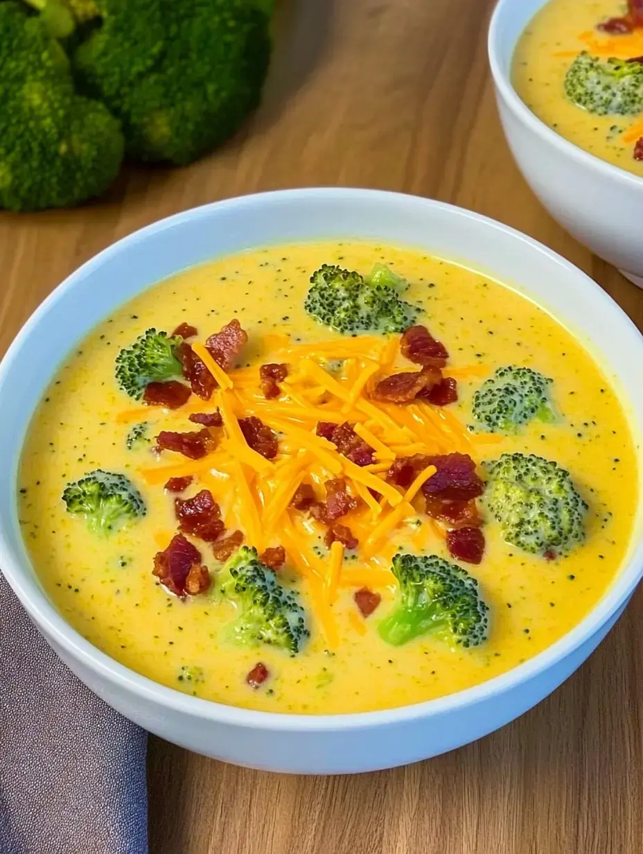 Cremige Brokkolisuppe in einer Schale, obendrauf Cheddar und Speckstücke.