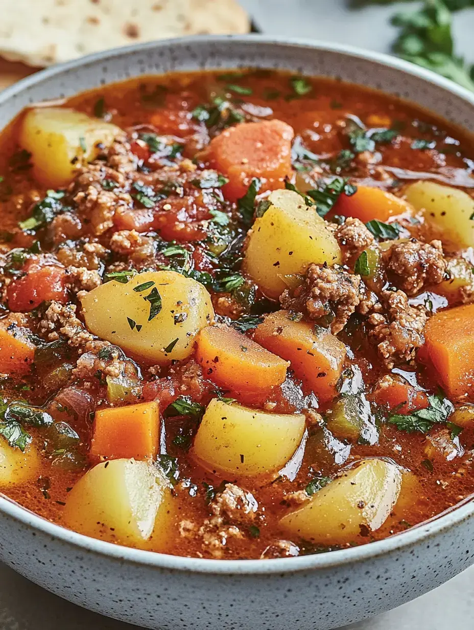 Eine Schüssel mit würzigem Topfgericht, voll mit Kartoffeln, Möhren, Tomaten und Hackfleisch, garniert mit frischen Kräuterblättchen.