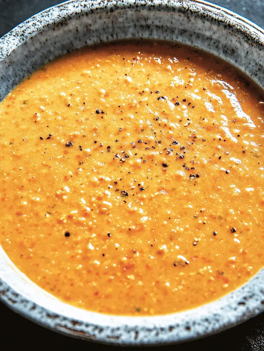 Ein Teller mit sämiger, knallig oranger Suppe und schwarzem Pfeffer oben drauf.