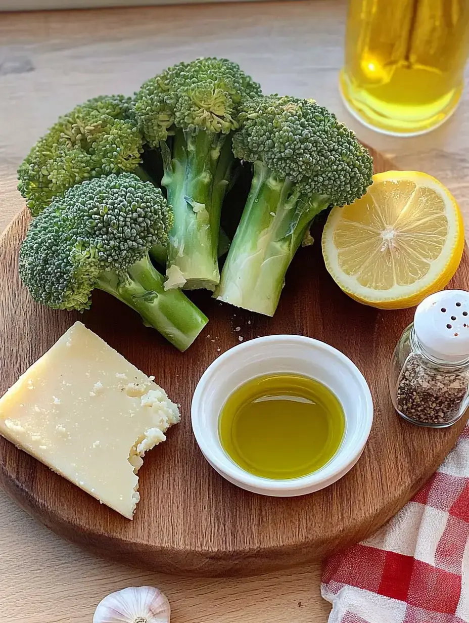 Auf einem Holzbrett liegen Brokkoli, eine halbe Zitrone, Olivenöl, Käse und verschiedene Gewürze.