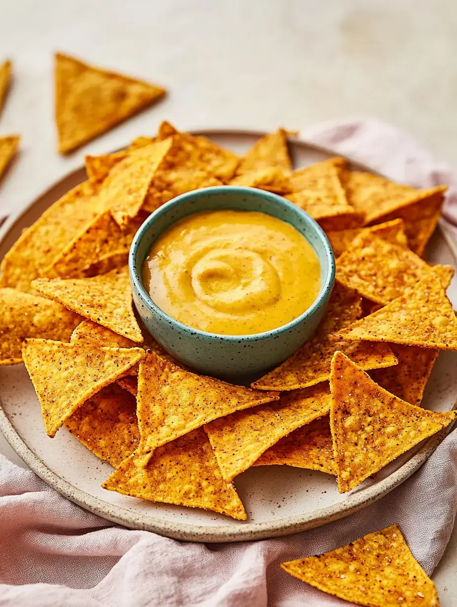 Rund um eine kleine Schale Dip reihen sich viele goldgelbe Tortilla-Nachos.