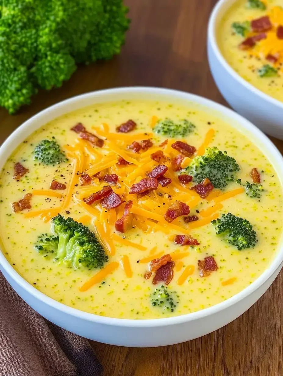 Weiße Schale mit cremiger Brokkolicremesuppe, getoppt mit Speck und Cheddar.