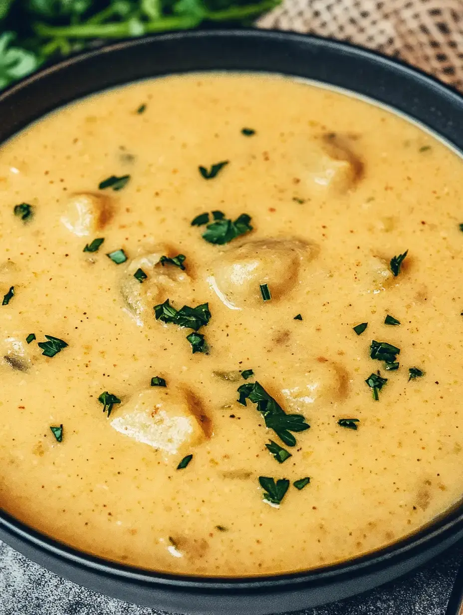 Cremige Suppe im Teller, mit Kräutern bestreut und kleinen Würstchenstücken.
