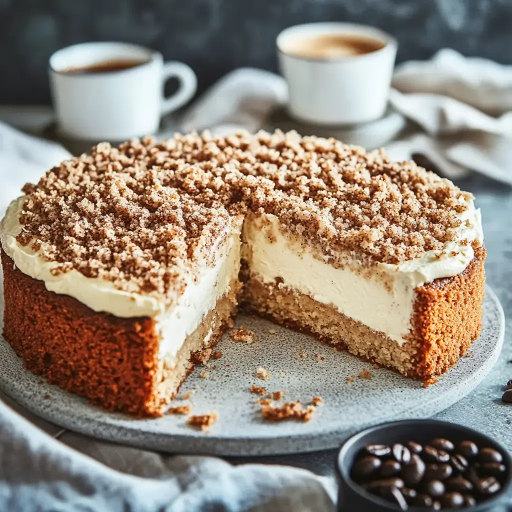 Eine cremig gefüllte Torte mit krümeliger Haube liegt angeschnitten auf einem Teller, Kaffeetassen stehen daneben.