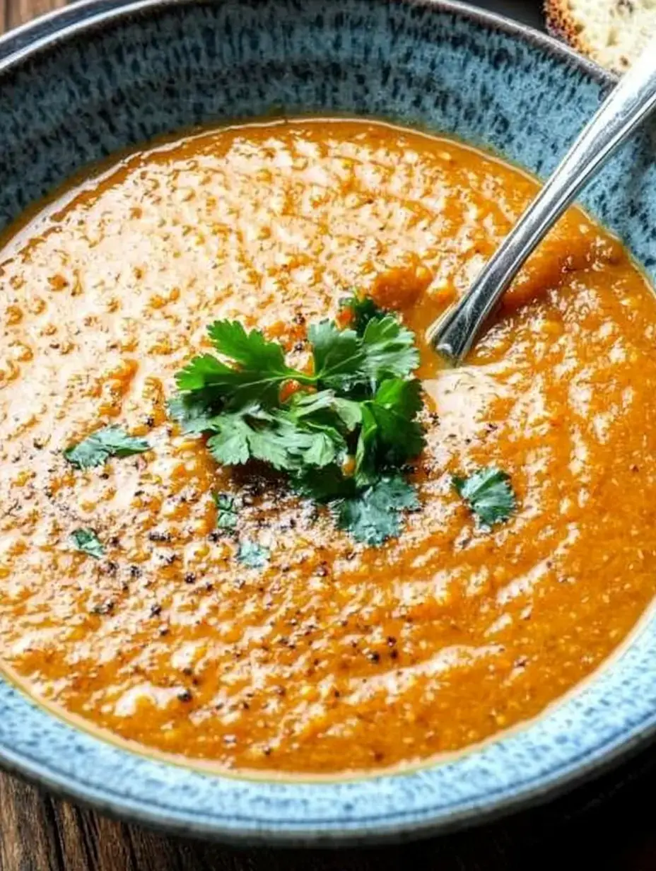 Rustikale Schale voller Linsensuppe, Koriander obendrauf und ein Löffel daneben.