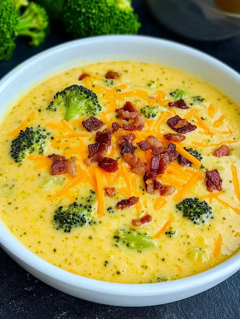 Bunte Schale mit Brokkolisuppe, Cheddar und knusprigem Speck oben drauf.