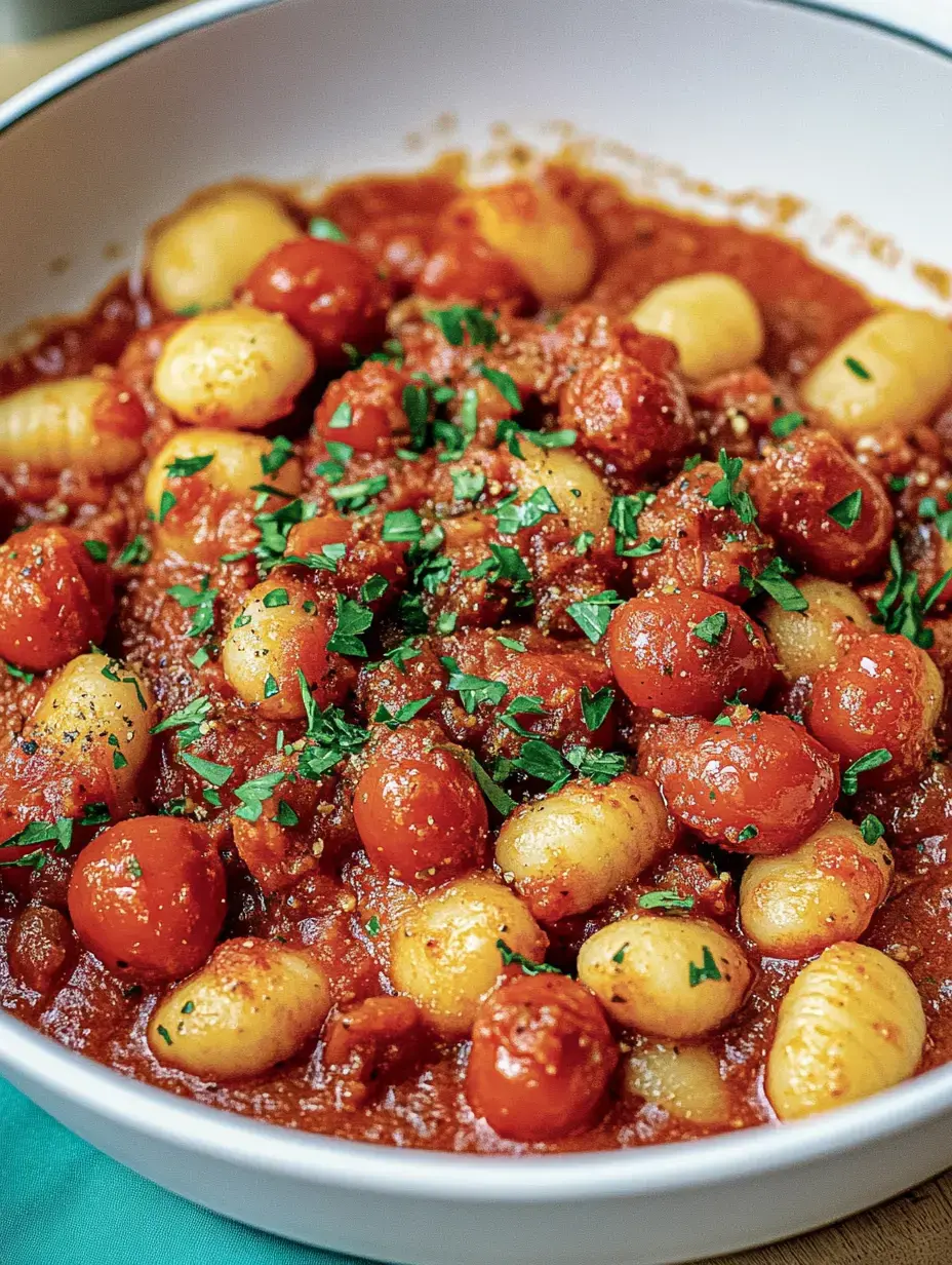 Eine Schale mit Gnocchi in Tomatensauce, verziert mit frischer Petersilie.