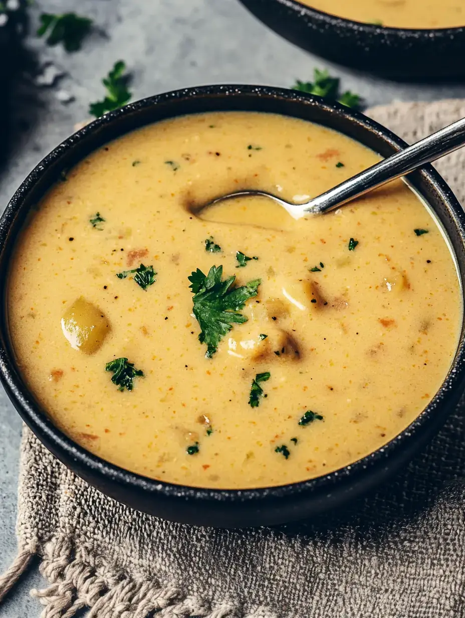 Cremige Suppe voller Stückchen und frischem Koriander in schwarzer Schale.