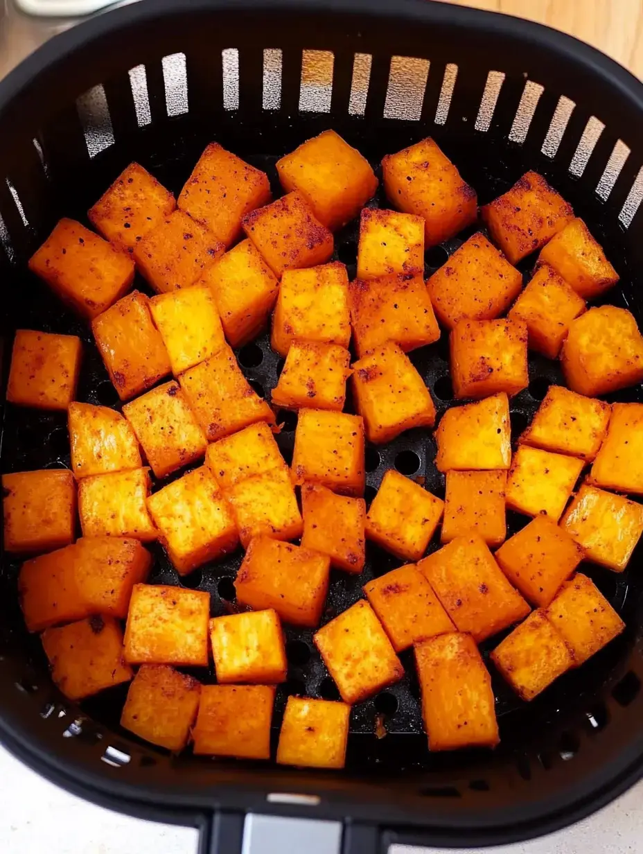 Würfel vom Butternut Kürbis frisch aus der Heißluftfritteuse.