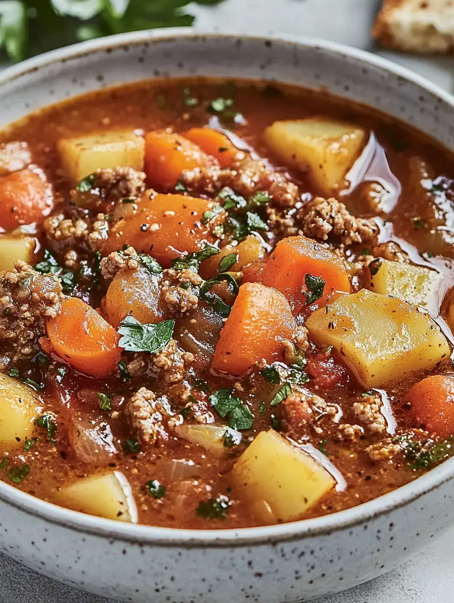 Eine dampfende Schüssel voll mit saftigem Hackfleisch-Kartoffel-Eintopf und frischen Kräutern obendrauf.