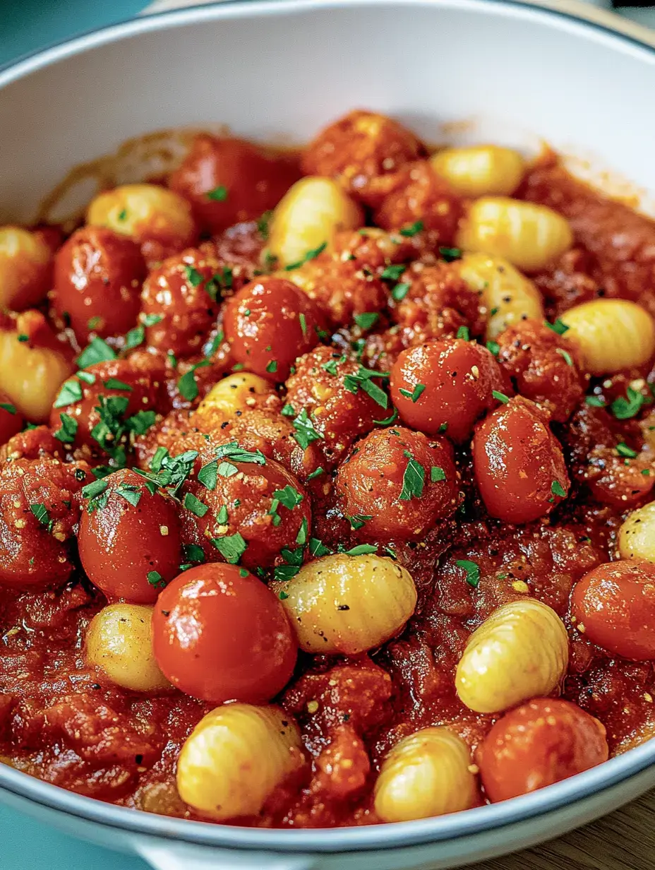 Eine weiße Schüssel mit roten Kirschtomaten und gelben Gnocchi in Tomatensauce, garniert mit frischer Petersilie.