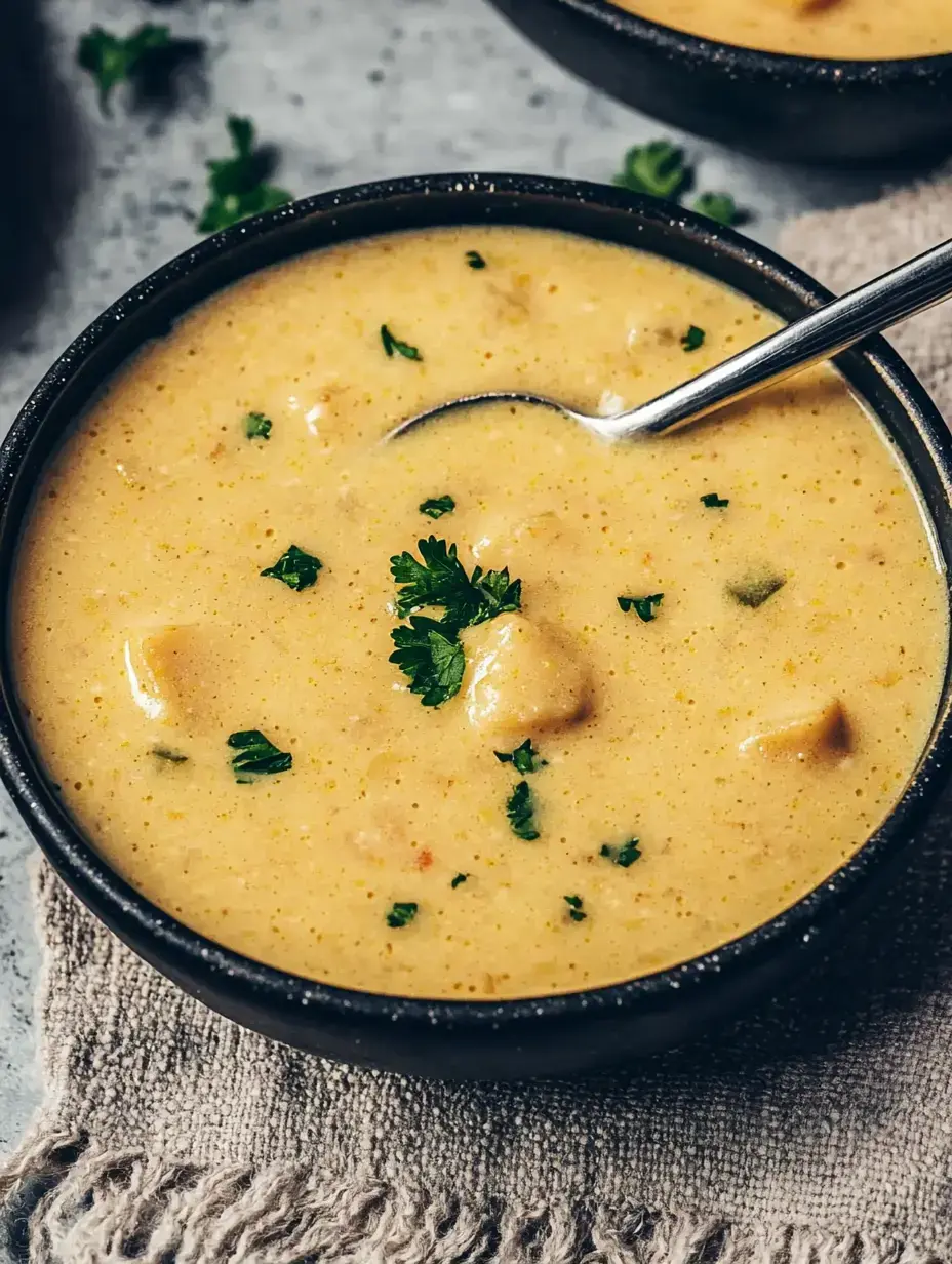 Schale voll cremiger Suppe mit Kräutern, auf dem Tisch serviert.