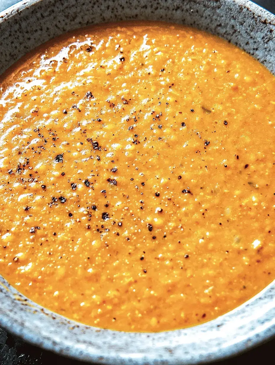 Schlicht glatte Orangen-Linsensuppe, kunstvoll mit schwarzem Pfeffer dekoriert.