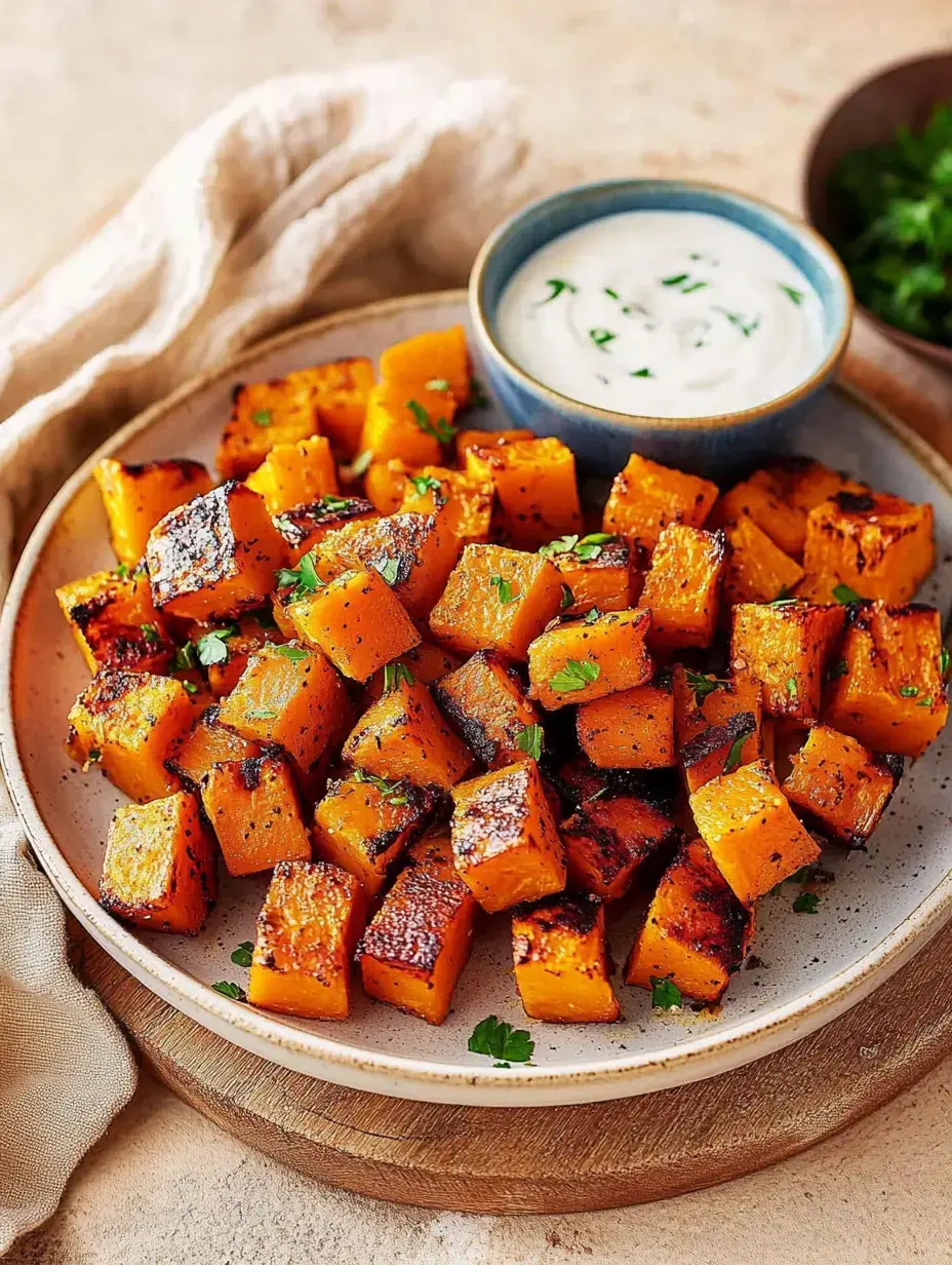 Angerichtete Butternut-Würfel mit frischem Koriander auf einem Teller neben einer cremigen Dipsauce.