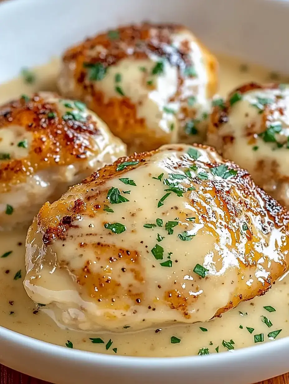 Ein Teller mit goldgelben Hähnchenbrustfilets in cremiger Sauce und frischer Petersilie.