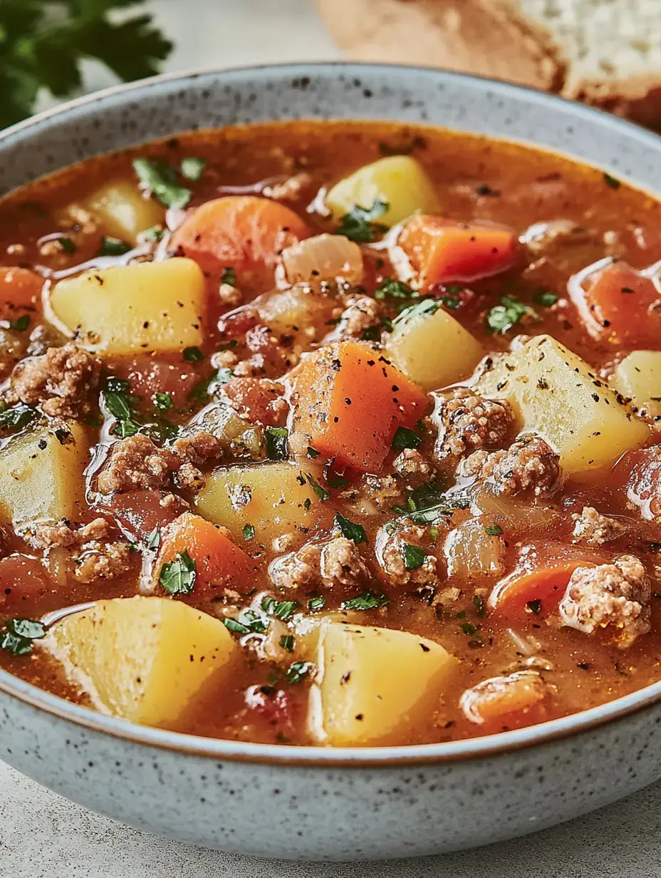Eine große Schüssel mit herzhaftem Bauerngulasch, gefüllt mit Kartoffeln, Möhren, Zwiebeln und Hackfleisch, verziert mit Petersilie.