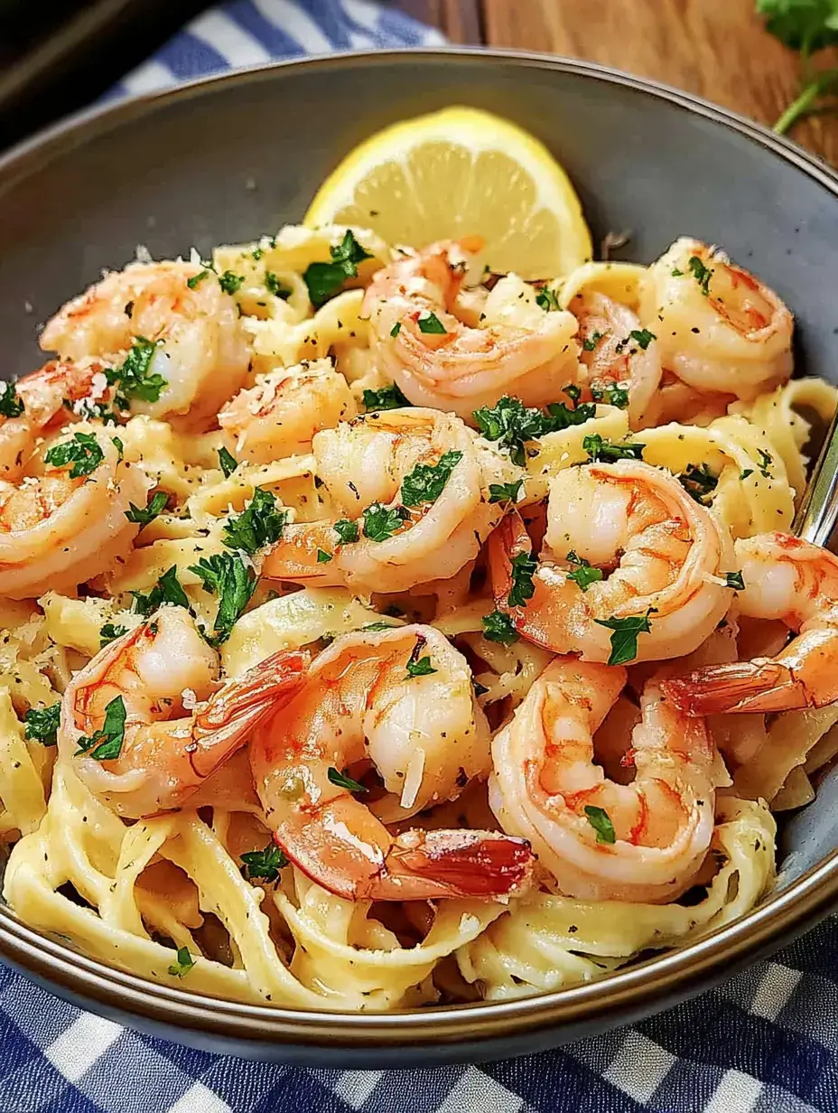 Ein Teller mit Fettuccine, garniert mit Garnelen und frischer Petersilie, serviert mit einer Zitronenscheibe.