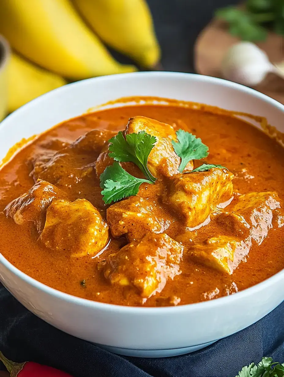 Eine große Schale voller cremigem Curry mit frischem Koriander, im Hintergrund Bananen.