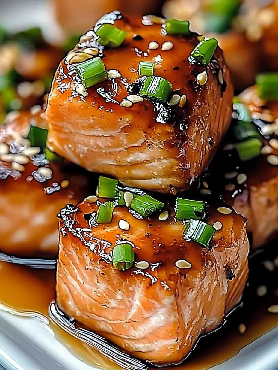 Saftige Lachswürfel auf einem Teller, verfeinert mit Frühlingszwiebeln, Sesam und einer pikanten Sauce.