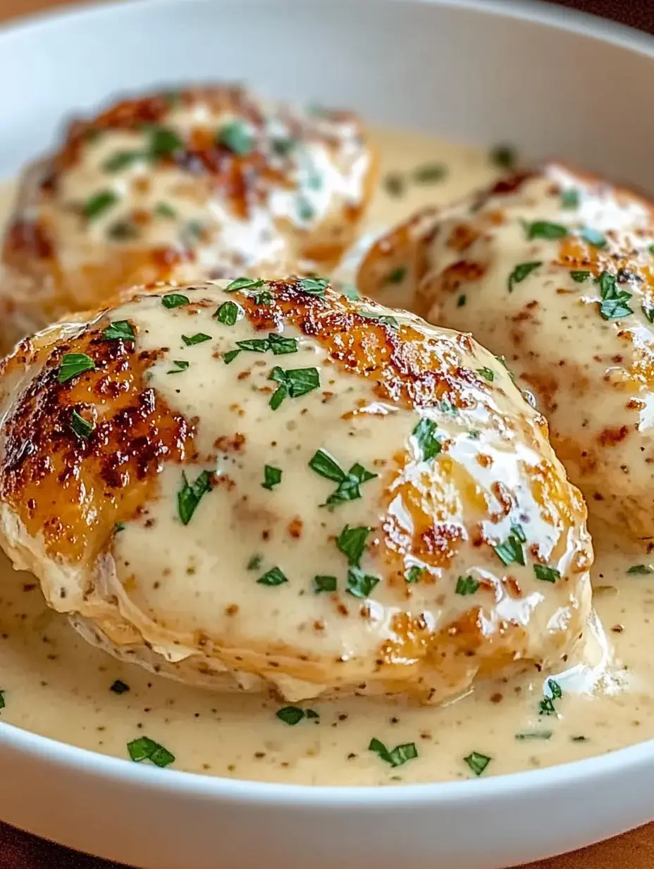 Ein Teller mit gebratenem Hähnchen in einer cremigen Sauce, getoppt mit frischen Kräutern.