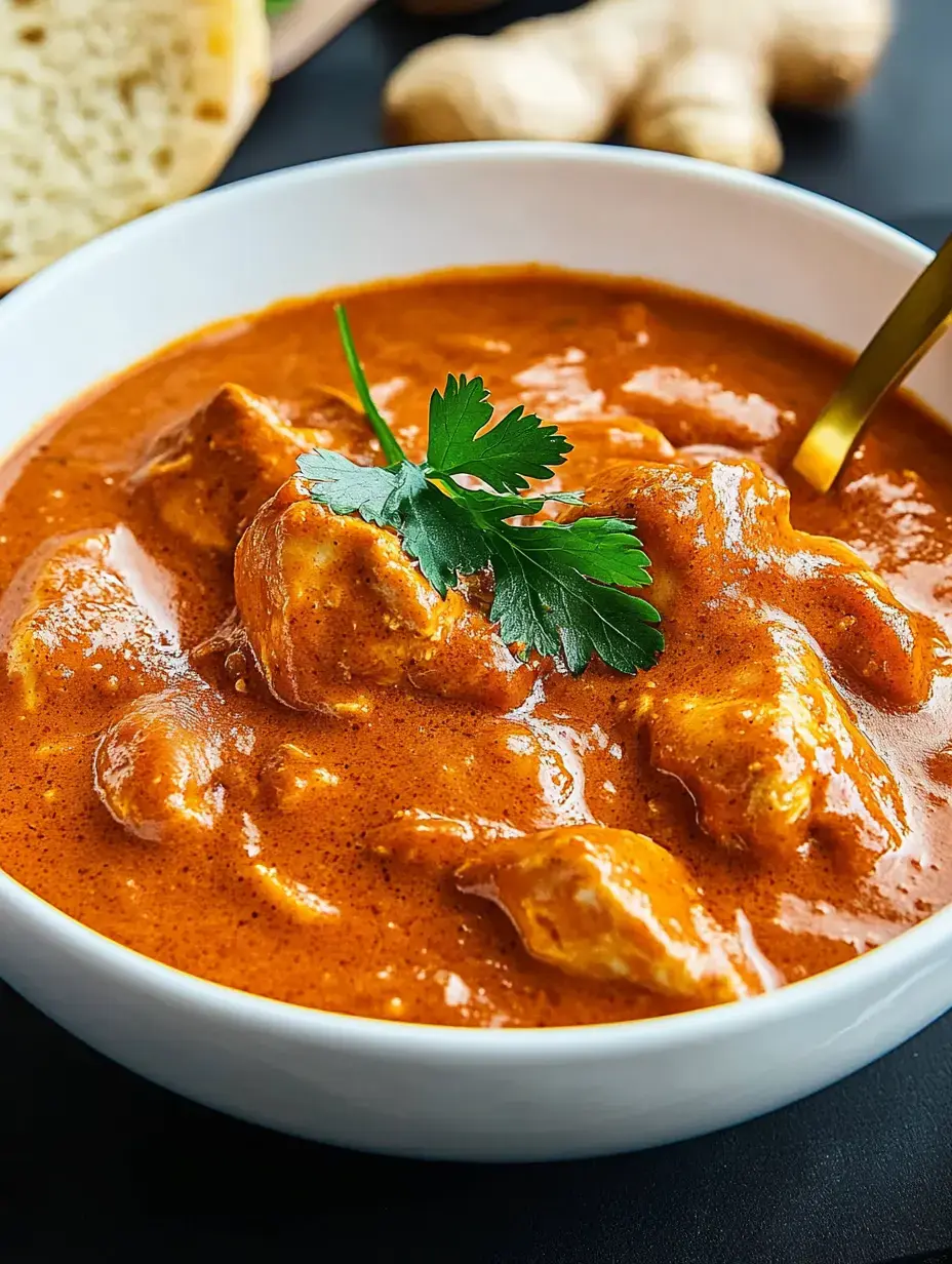 Eine Schale mit richtig saftigem Hühnchen in cremiger, roter Sauce und frischem Koriander obendrauf.