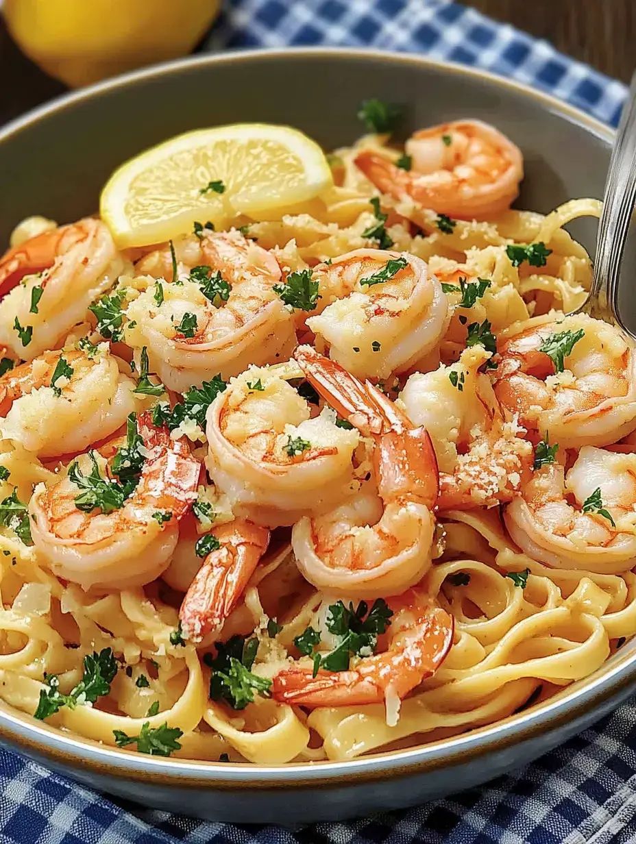 Eine Schüssel mit Linguine und Garnelen, garniert mit Zitronenscheibe und frischer Petersilie.