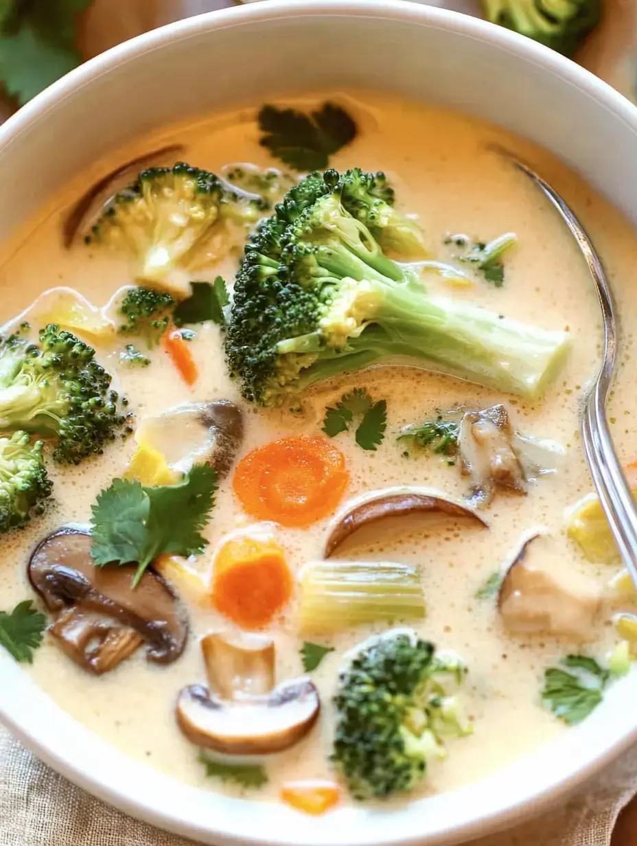 Eine Schüssel mit cremiger Gemüsesuppe, die Brokkoli, Karotten, Pilze und Koriander enthält.