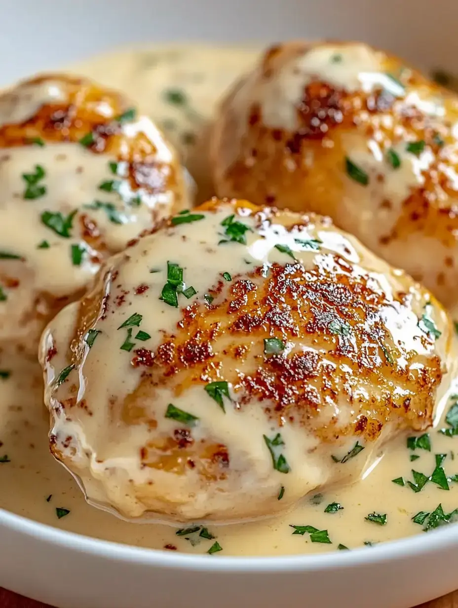 Zwei goldbraune Hähnchenteile in sämiger Sauce, getoppt mit frischer Petersilie.