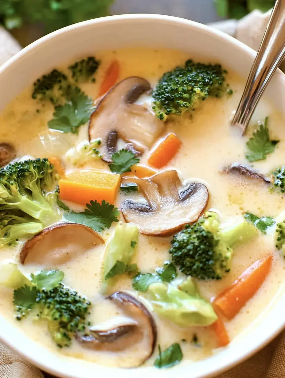 Eine Schüssel mit cremiger Gemüsesuppe, gefüllt mit Brokkoli, Karotten, Champignons und frischem Koriander.