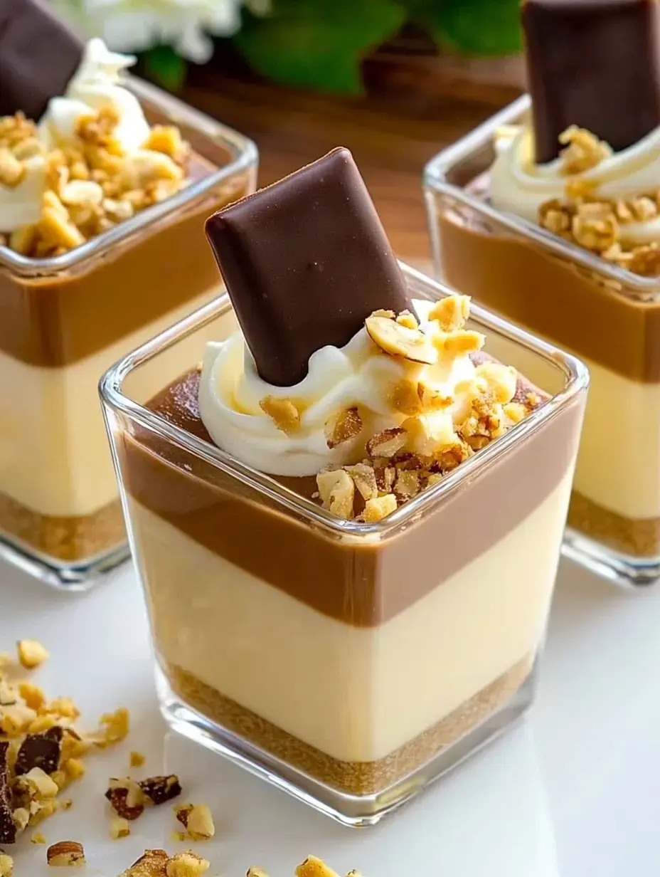 Ein Glasdessert mit Lagen aus Vanille- und Schokoladenpudding, Sahnehäubchen, gehackten Nüssen und einem Stück Schokolade obenauf.