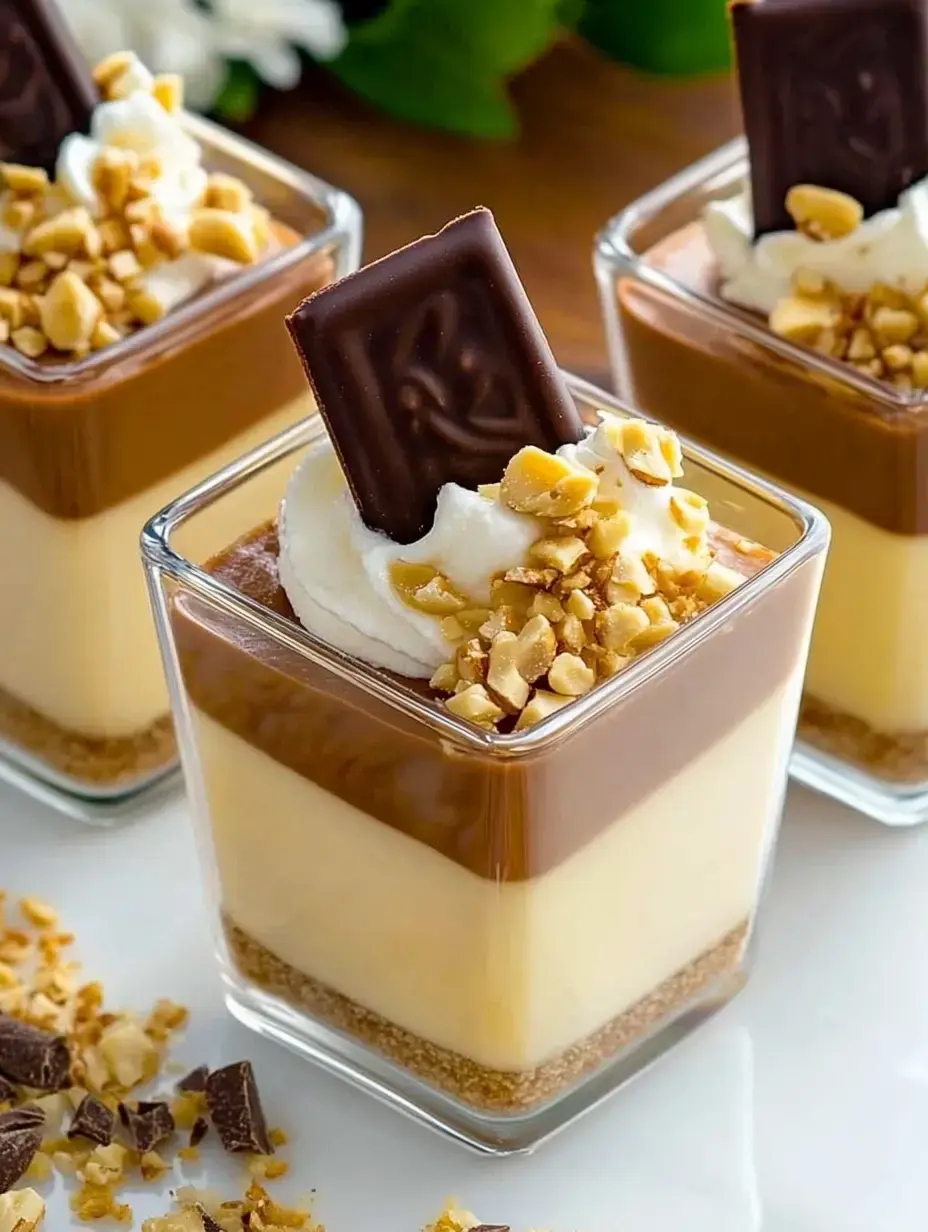 Drei Gläser mit Dessert, geschichtet mit Pudding, einem Sahnetuft, Nüssen und obendrauf Schokolade.