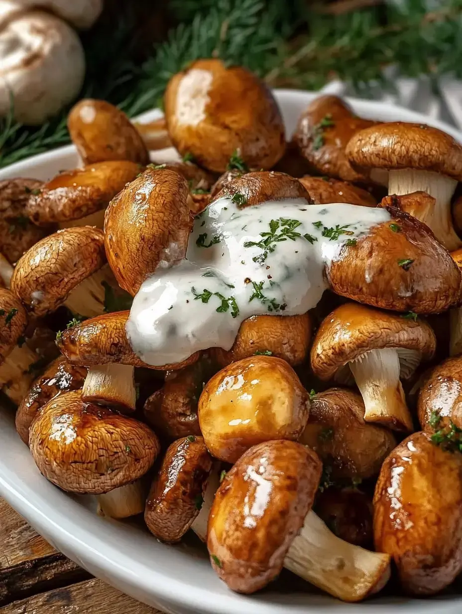 Geröstete Champignons in einer Schale mit Sahnesoße darüber und frischen Kräutern als Deko.