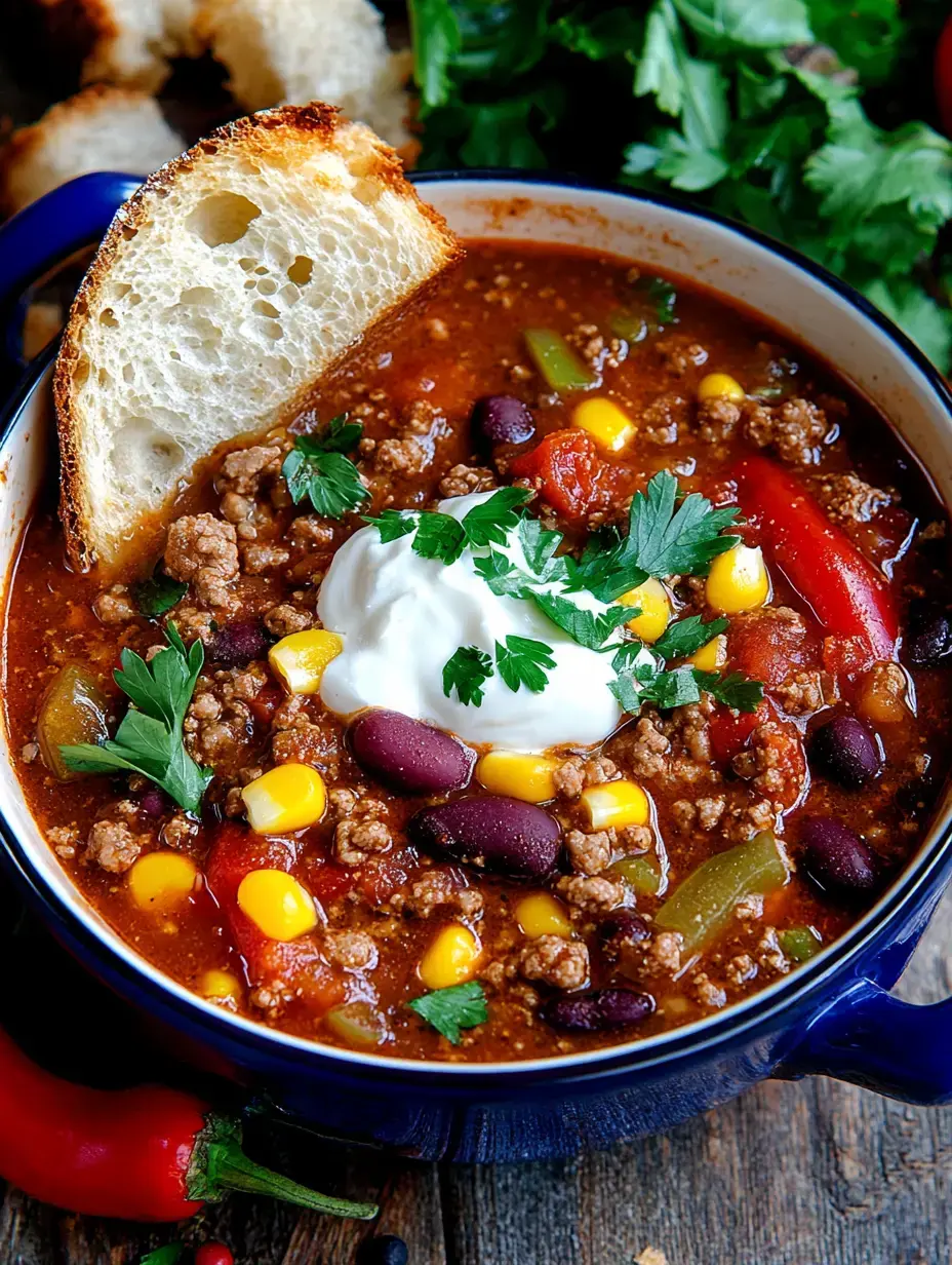 Ein voller Teller Chili con Carne, obenauf ein Klecks Sauerrahm, frischer Koriander und eine dicke Brotscheibe.