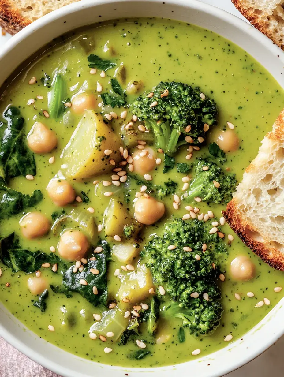 Schale mit grüner Suppe: Brokkoli, Kichererbsen, Spinat und geröstetem Sesam. Daneben geröstetes Brot.