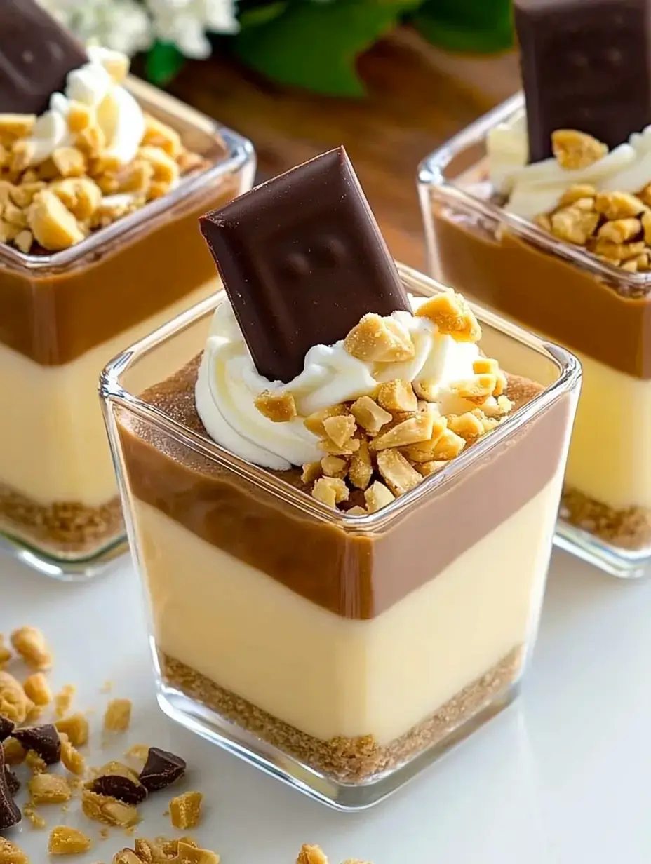 Drei Glas-Desserts mit Schichten aus Pudding, Sahne und Schoki, getoppt mit gehackten Erdnüssen.