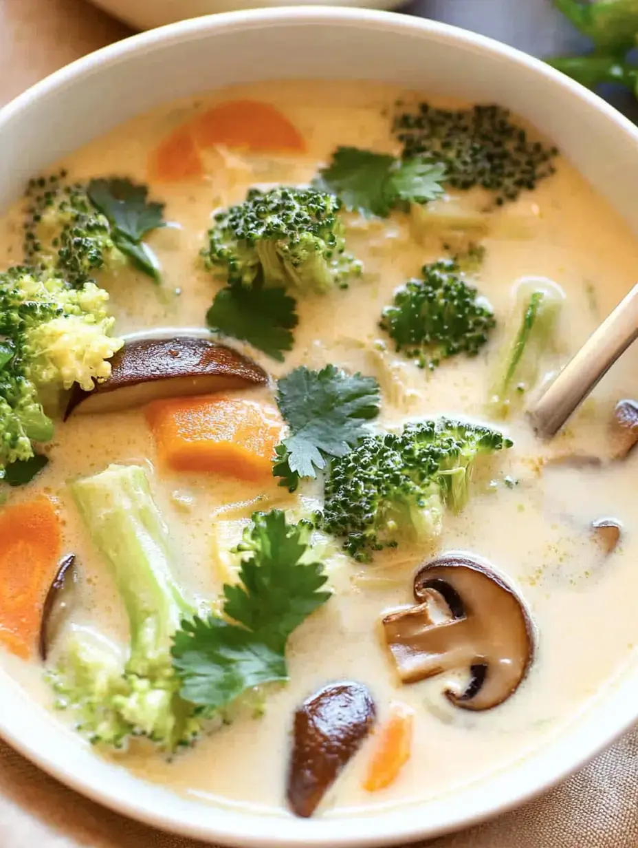 Eine Schüssel cremiger Gemüsesuppe mit Brokkoli, Karotten, Pilzen und frischem Koriander.