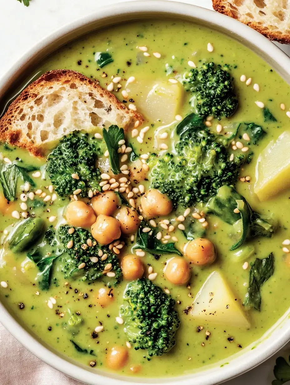 Schale mit grüner Gemüsesuppe und Kichererbsen, belegt mit Sesam und dazu Brot.