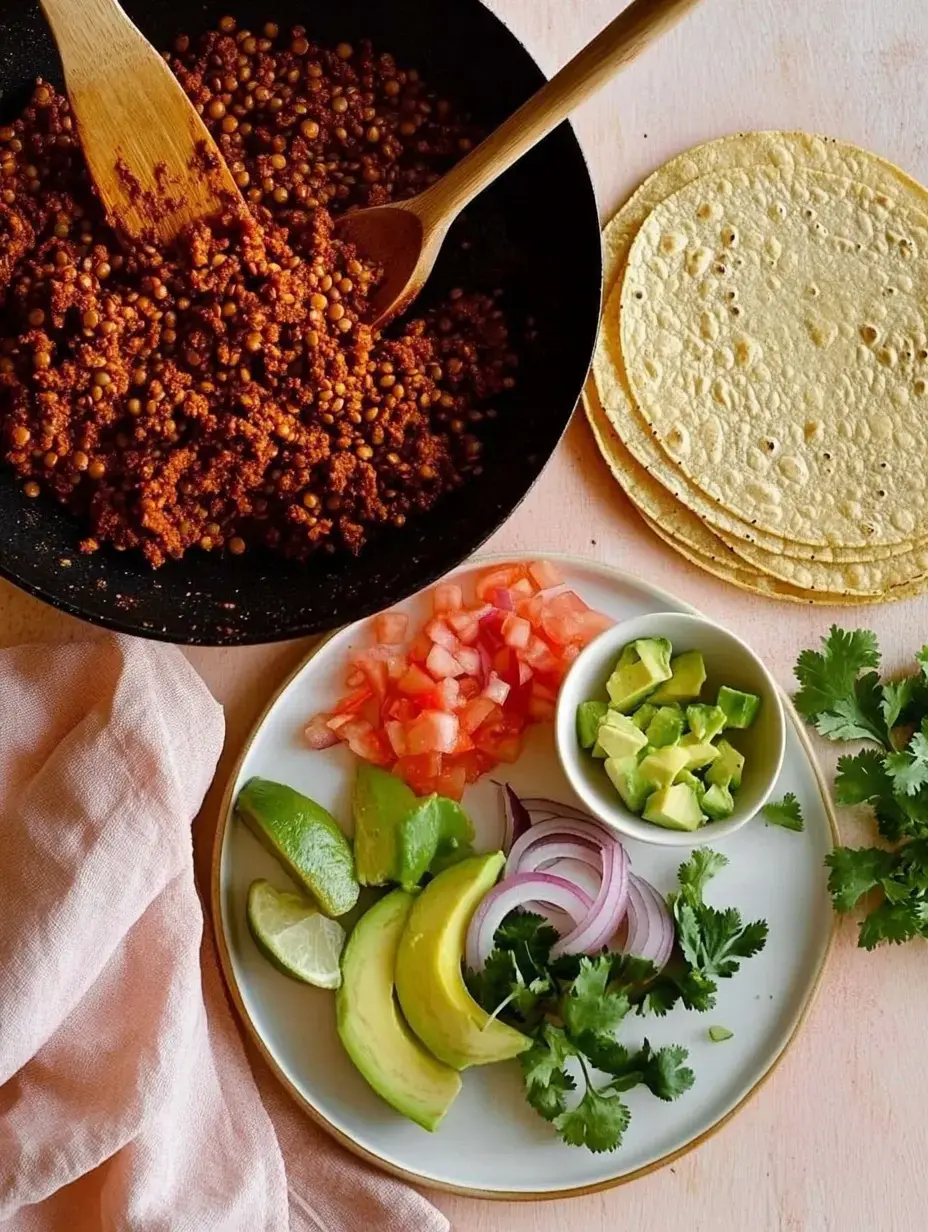 In einer Pfanne schmort würziges Linsen-Hack neben Gemüseteller, Limetten und Tortillas.