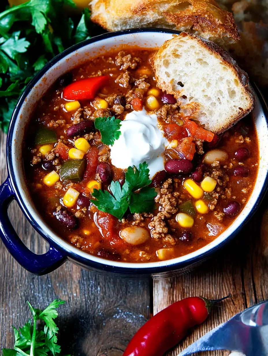 Ein großer Teller herzhaftes Chili con Carne, obenauf Sauerrahm und Koriander, dazu Brot und grüne Kräuter am Rand.