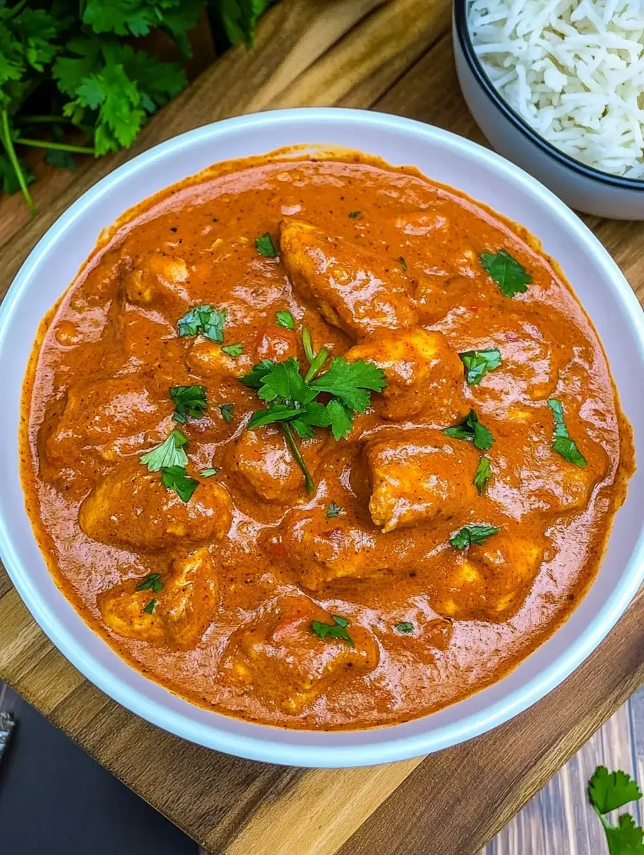 Cremiges, orangefarbenes Hühnchencurry im weißen Schälchen, mit Koriander verziert und einer Schale Reis daneben auf Holz.